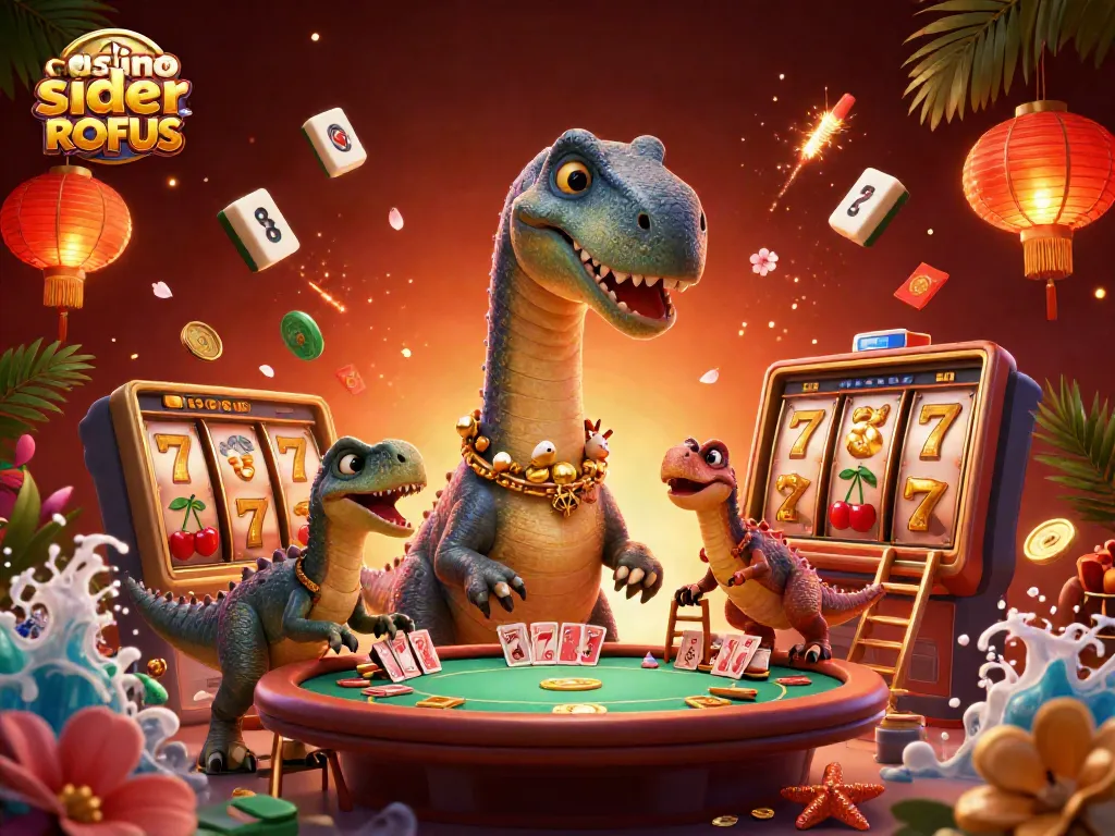 Engaging scene with casino sider uden ROFUS featuring a brontosaurus and raptor amidst dynamic gaming elements.