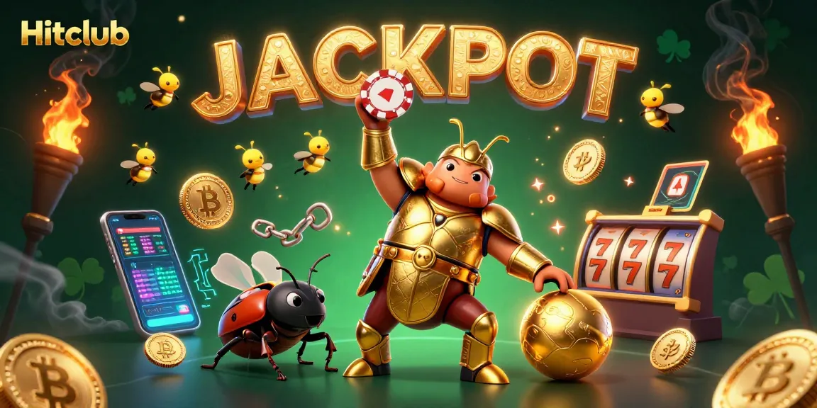 Hitclub celebrates wins with a triumphant beetle duo amidst Bitcoin, Ethereum, and vibrant casino elements.