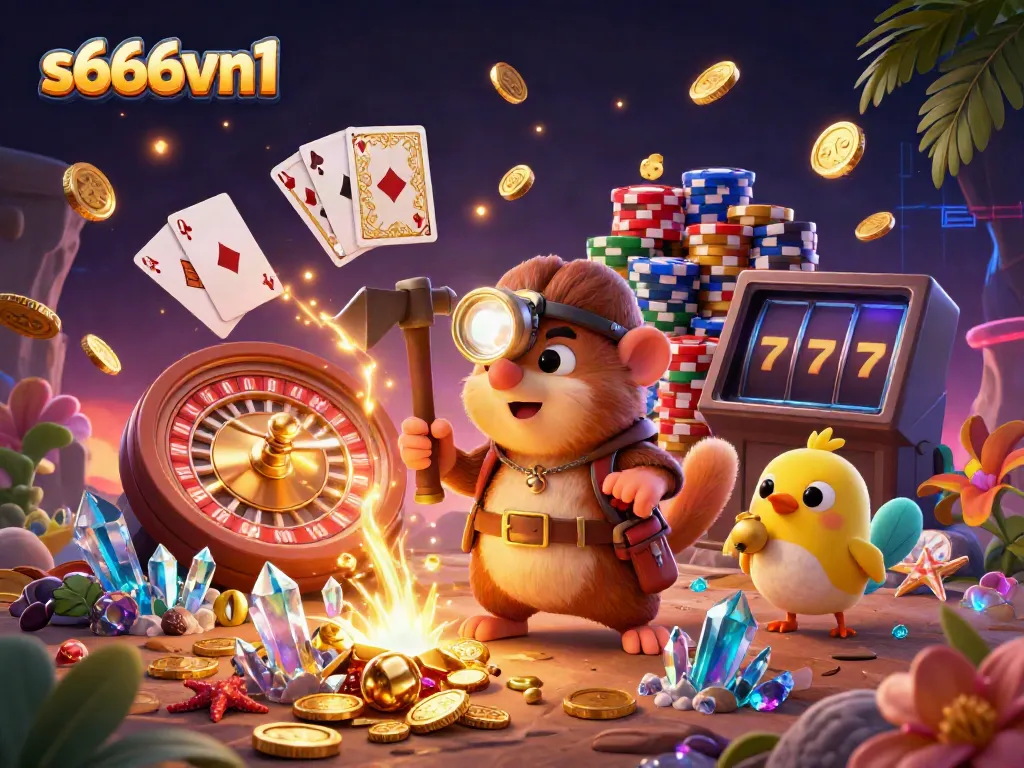Experience exhilarating gaming with s666vn1 depicted in a vivid treasure hunt scene featuring rich casino elements.
