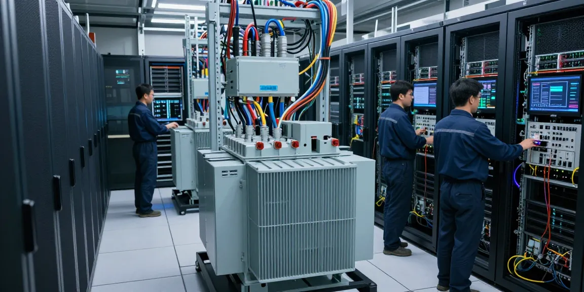 Efficiënte transformator voor datacenters in moderne serveromgeving met technici aan het werk.
