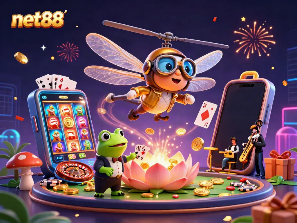 Experience thrilling gaming adventures with net88 at this vibrant lily pad casino scene.