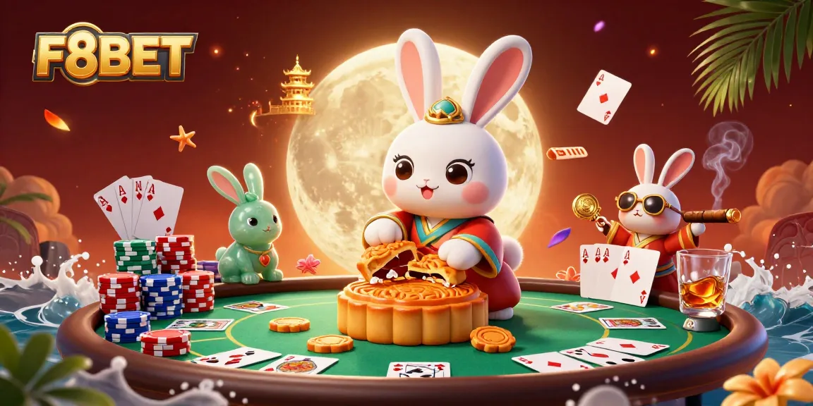 Engage with F8BET's vibrant casino world featuring a dynamic moon rabbit scene.