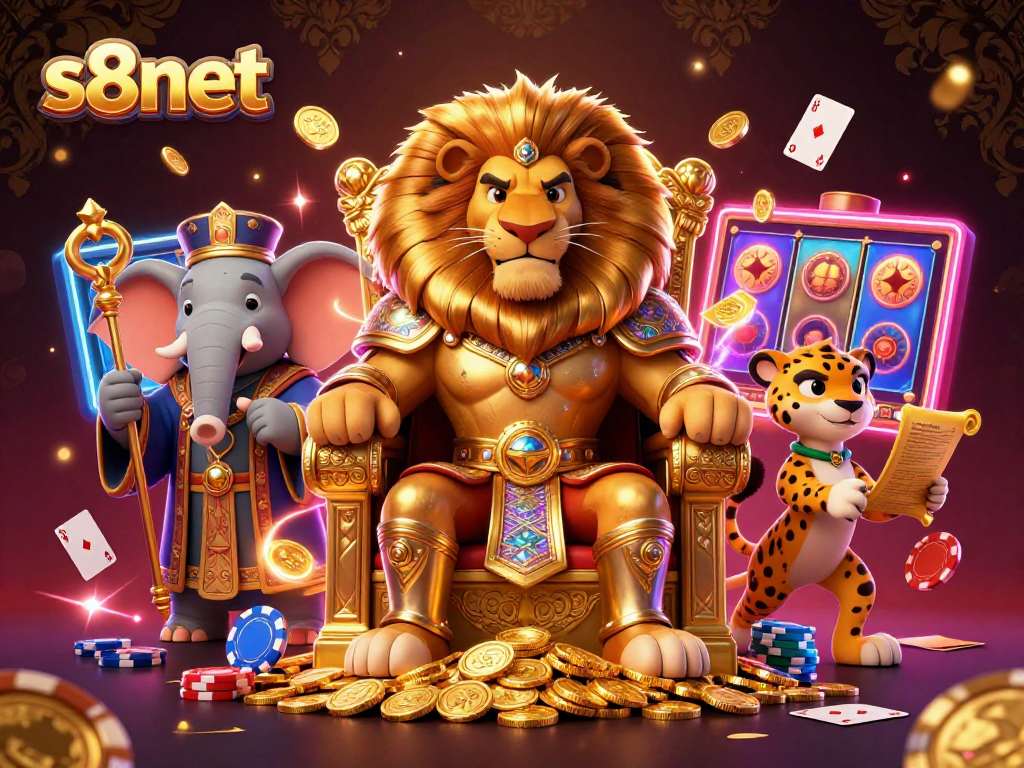 Engage with slot games at s8net, featuring a lion king, elephant advisor, and cheetah messenger in a vibrant casino world.