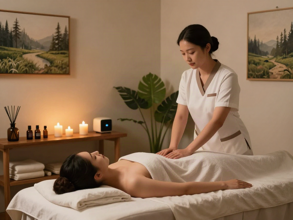 Relaxing 광명출장마사지 session in a calm wellness center highlighting essential oils and soothing atmosphere.