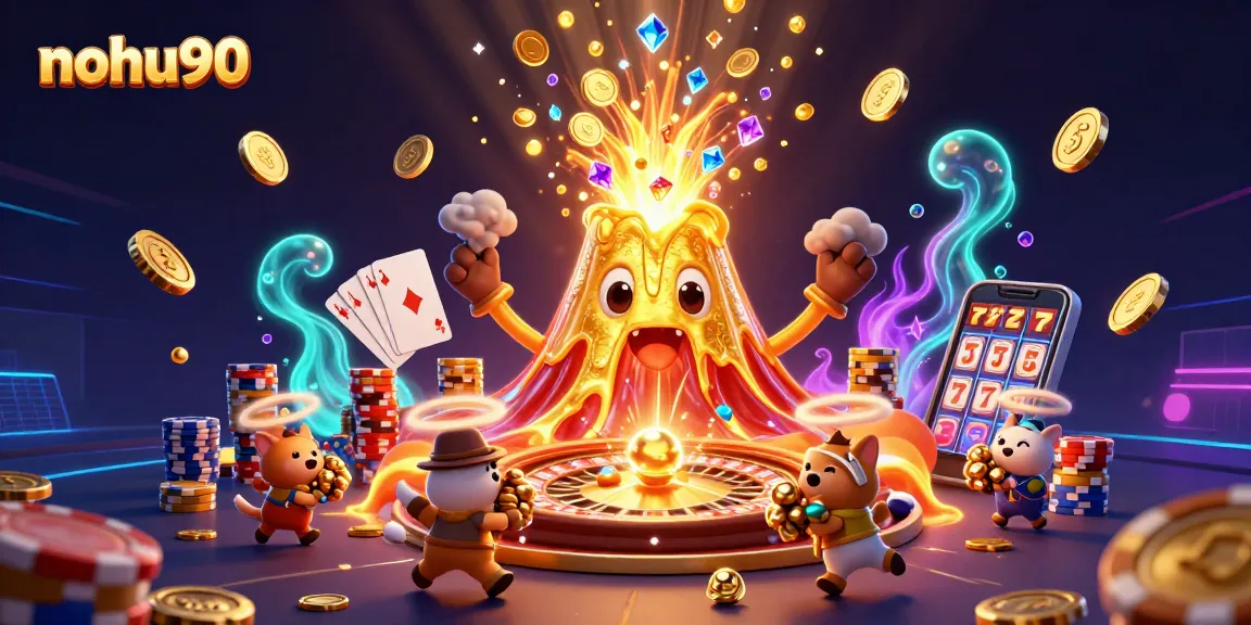 Nohu90 showcases a triumphant golden volcano erupting coins, gems, and treasure in a vibrant casino-themed scene.