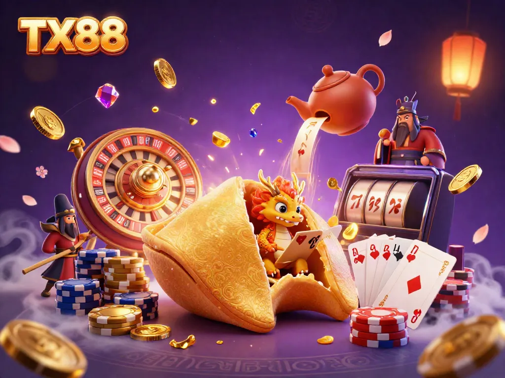 Engage with the thrilling TX88 casino experience, featuring golden fortune cookies, dragon guardians, and cascading coins.