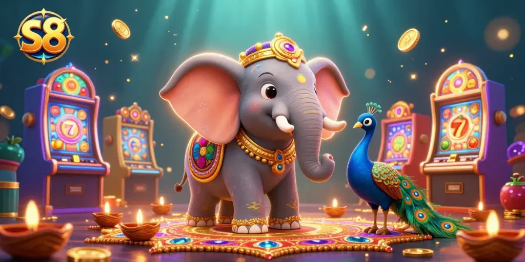 Play exciting slots with the vibrant s8-themed 3D cartoon design featuring an elephant and peacock.