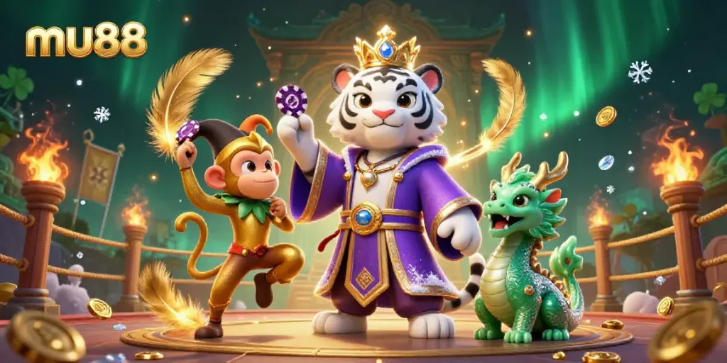 Experience the excitement of mu88 with a tiger, monkey, and dragon in a vibrant casino setting.
