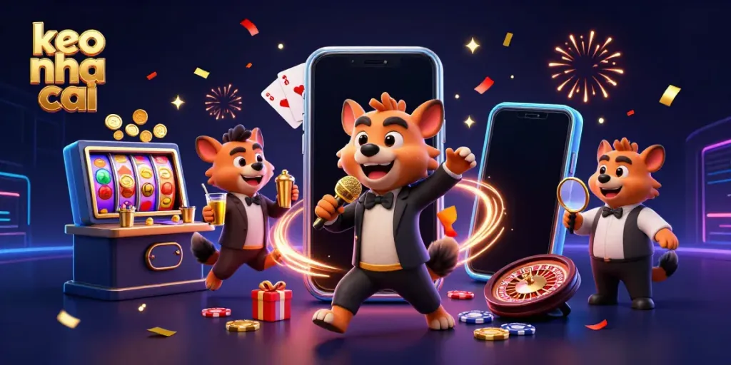 Experience keo nha cai excitement with hyenas in a vibrant casino scene filled with games and laughter.