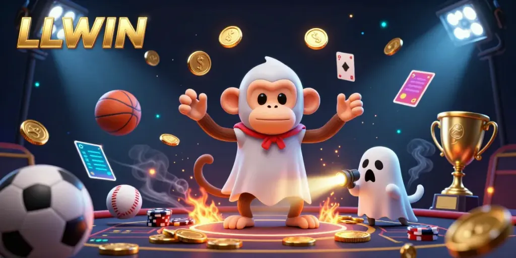 Engage with LLWIN's haunted casino atmosphere featuring a playful monkey and an adventurous puppy.