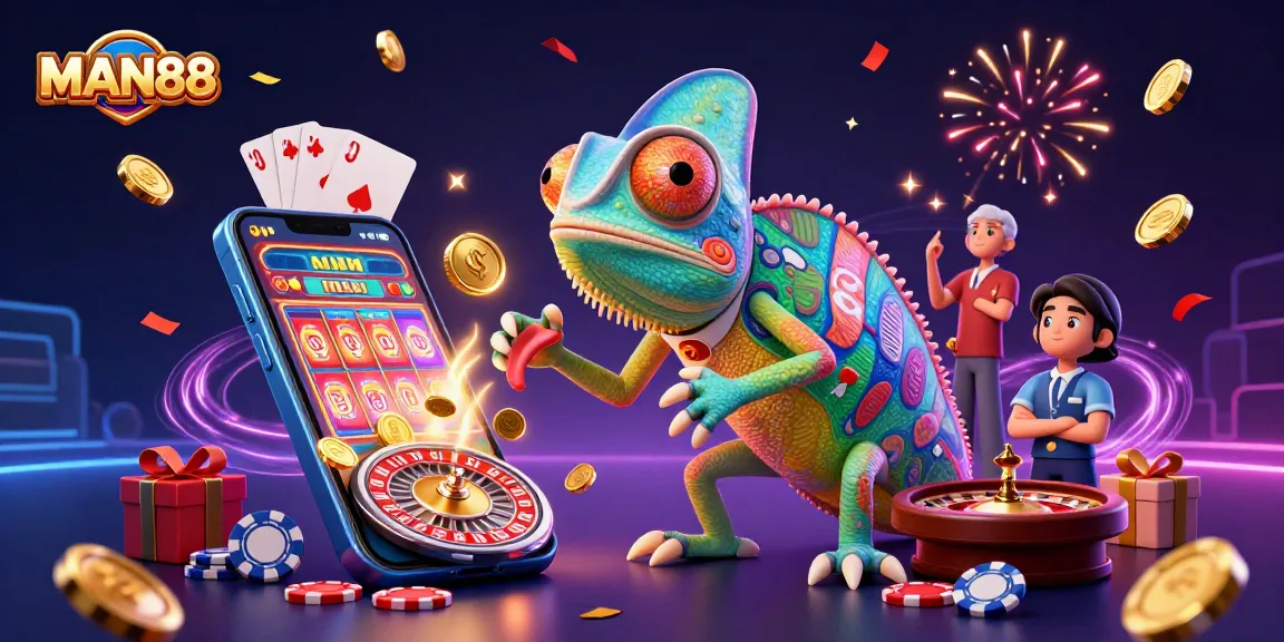 Experience endless excitement with MAN88 casino, featuring a vibrant scene of games and rewards.