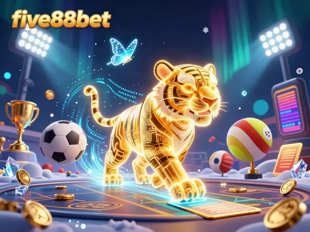 Experience five88bet with a vibrant digital casino landscape featuring a neon-wireframe golden tiger and dynamic sports elements.