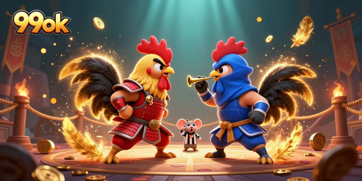 Engage with 99ok in a thrilling 3D scene of fighting roosters, capturing the essence of competitive entertainment.