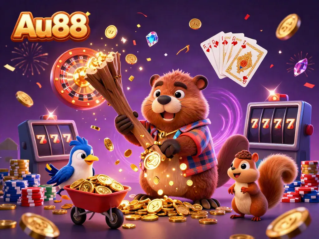 Experience the excitement of Au88 with a vibrant 3D scene filled with playful beavers and coins.