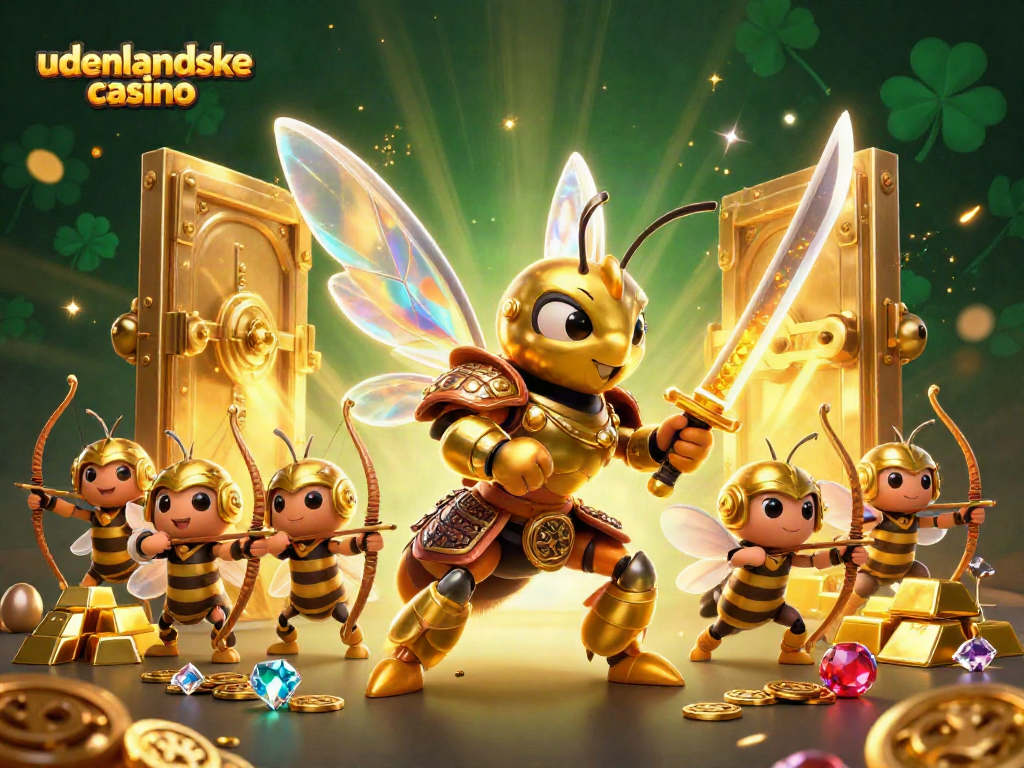 Experience the excitement of udenlandske casino with a dynamic 3D illustration featuring golden treasures and heroic characters.