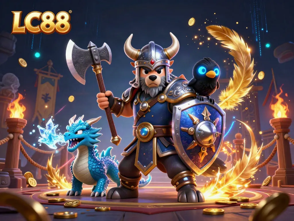 Experience the thrilling LC88 adventure with a Viking warrior, dragon, and raven amidst a rich casino backdrop.