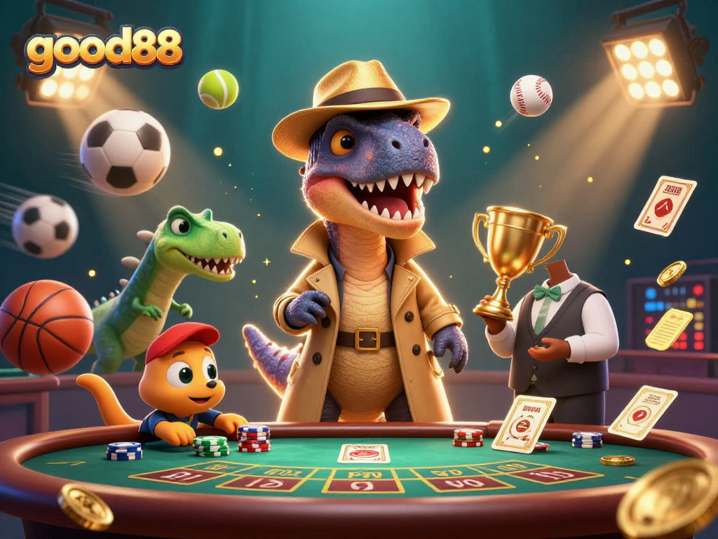 Engage in thrilling gaming at good88, featuring a clever velociraptor at a blackjack table.