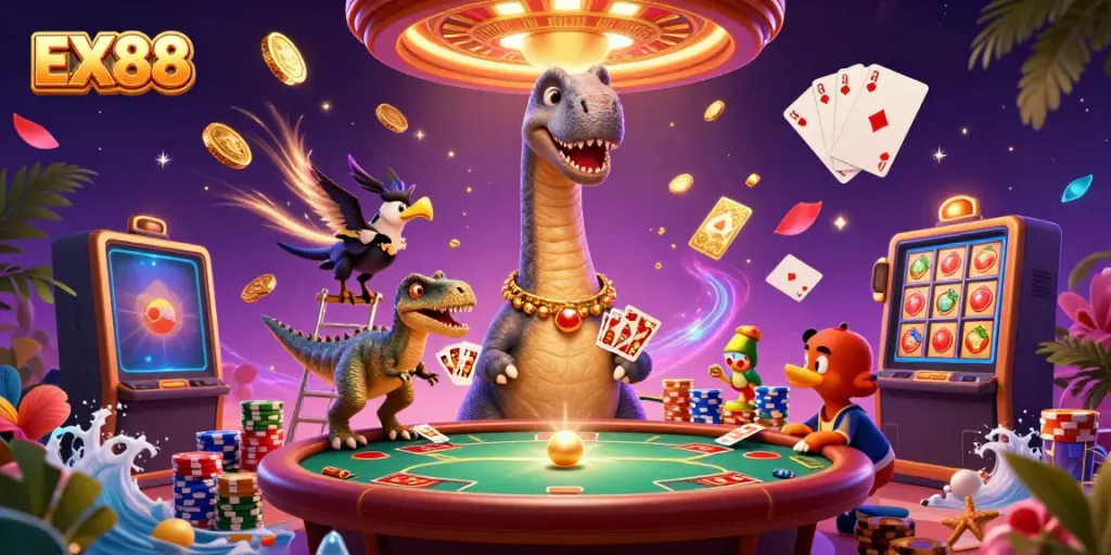 Experience EX88 in a vibrant casino scene with dynamic characters and exciting game elements.
