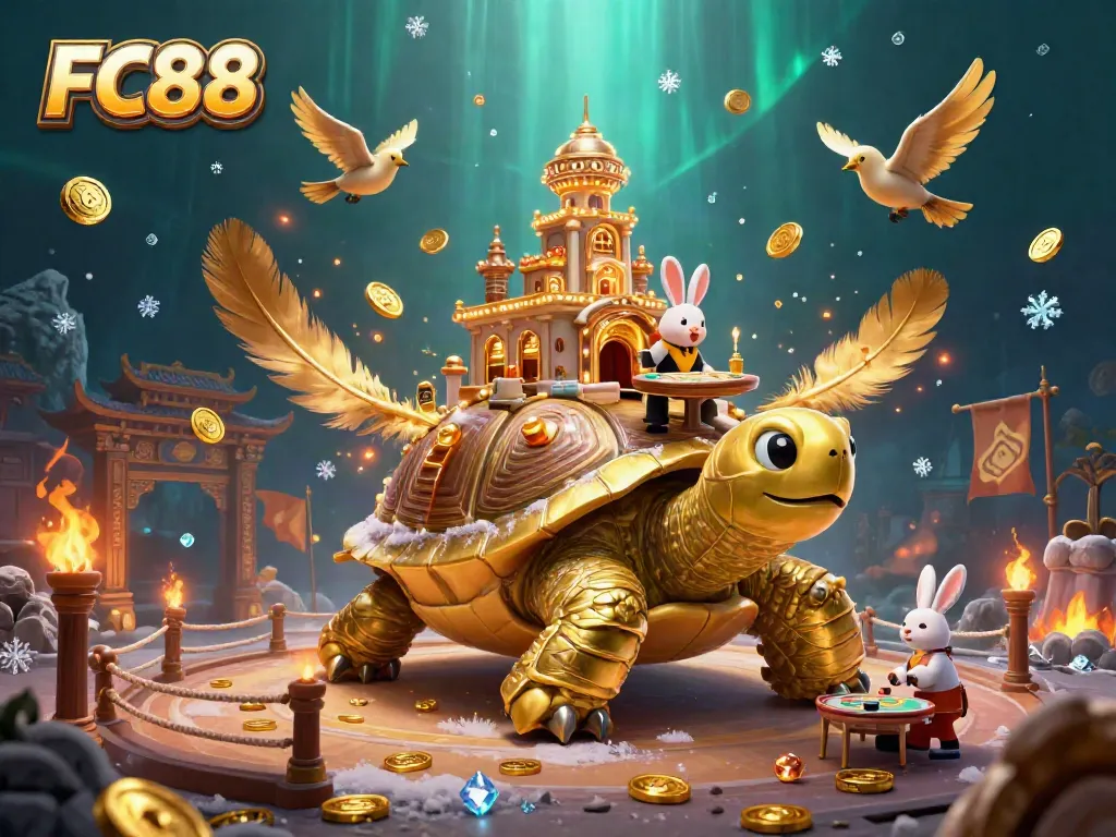 Experience the vibrant world of FC88 featuring a golden tortoise casino with a rabbit dealer and coins.