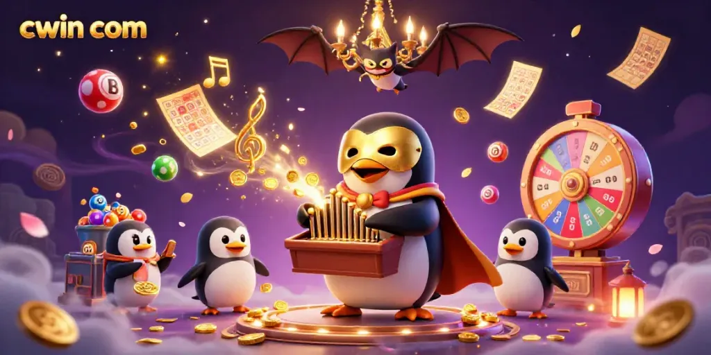 Experience the thrill of winning with cwin com in an enchanting casino scene featuring vibrant lottery elements and a whimsical penguin.
