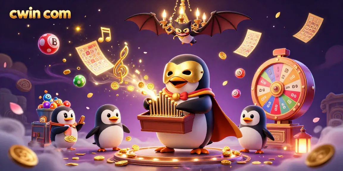 Experience the thrill of winning with cwin com in an enchanting casino scene featuring vibrant lottery elements and a whimsical penguin.