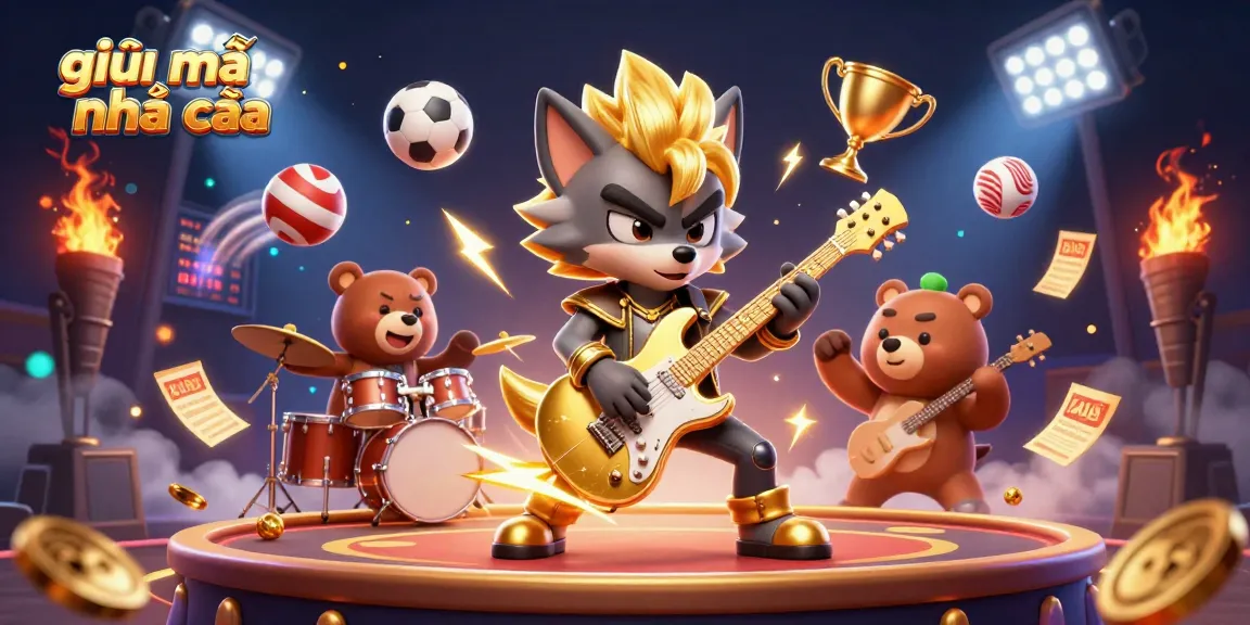 Experience the excitement of giải mã nhà cái with a vibrant 3D casino illustration featuring a rock star wolf and dynamic game elements.