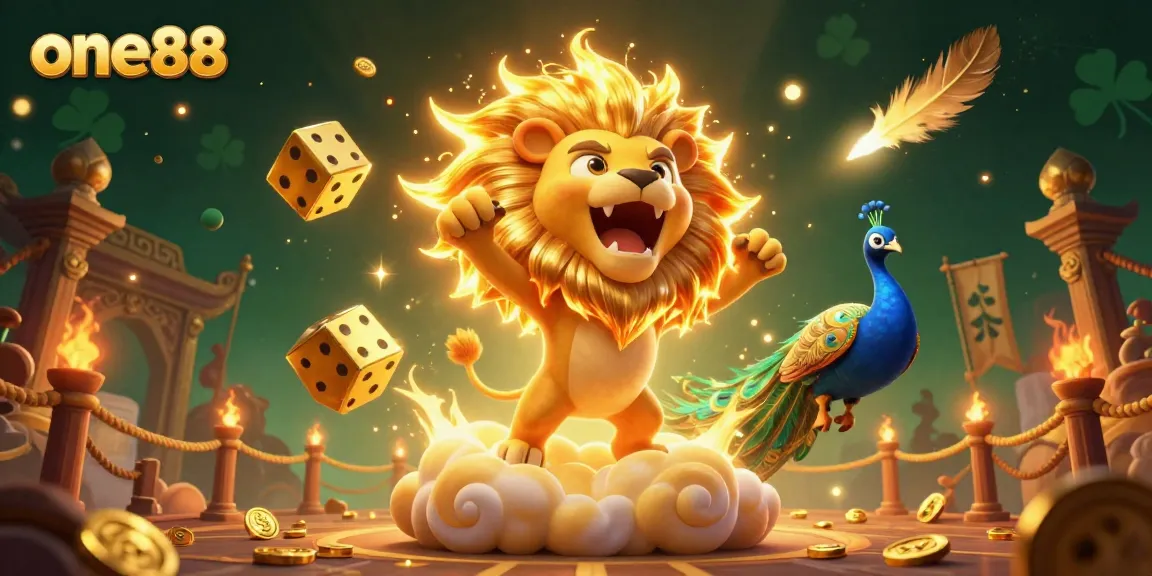 Experience thrilling action with one88 as a lion roars on golden clouds surrounded by cosmic dice and peacock.