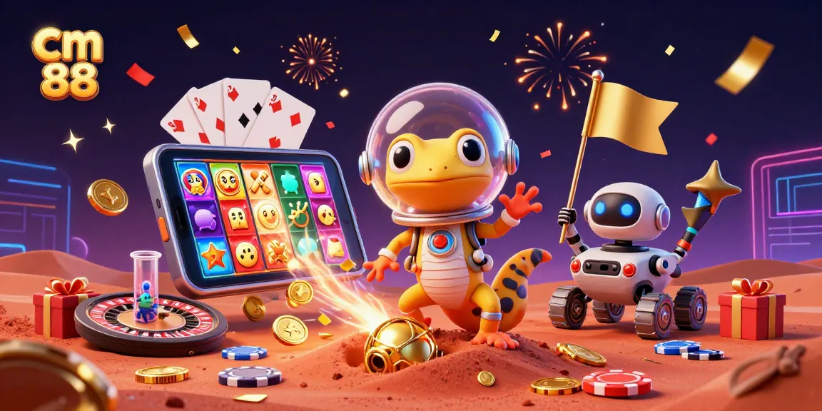 Engage with cm 88 as a Martian gecko discovers a golden casino among slot games and festive elements.