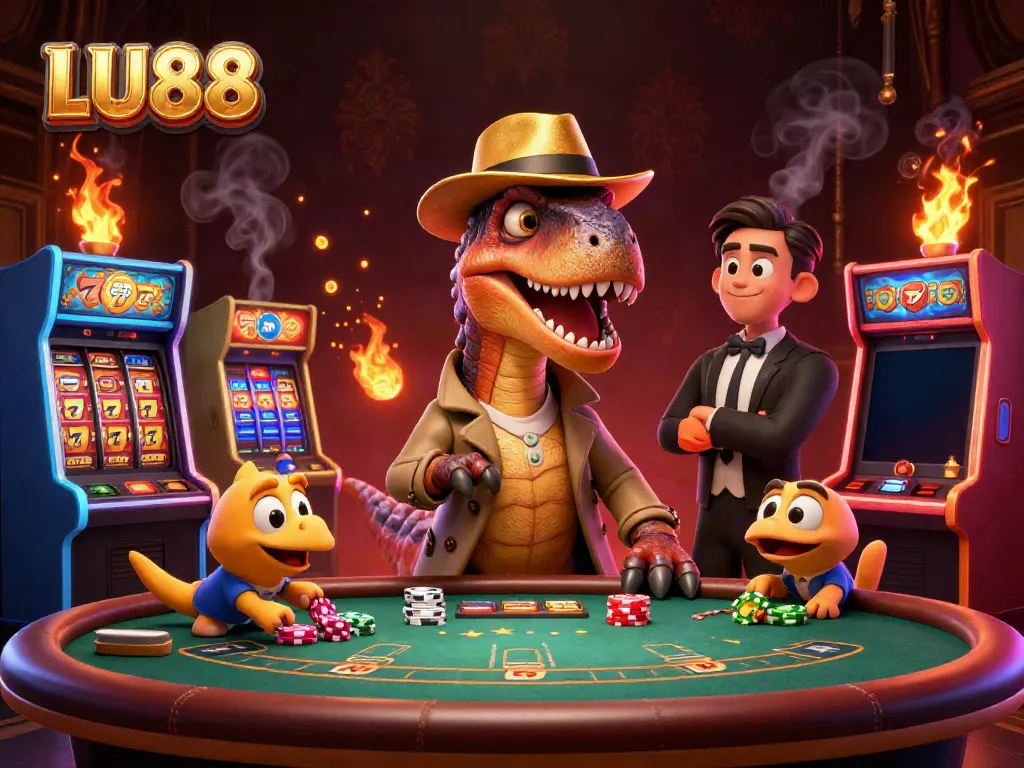 LU88 velociraptor card counter intrigues at a blackjack table in a vibrant casino atmosphere.