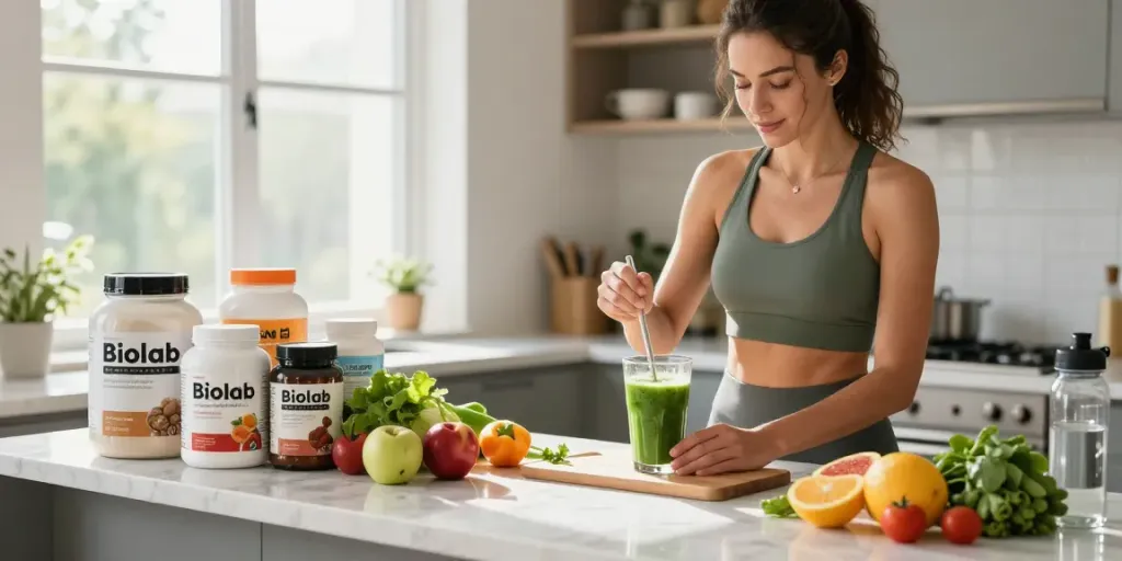 Healthy living scene with Biolab supplements on the kitchen countertop promoting wellness.