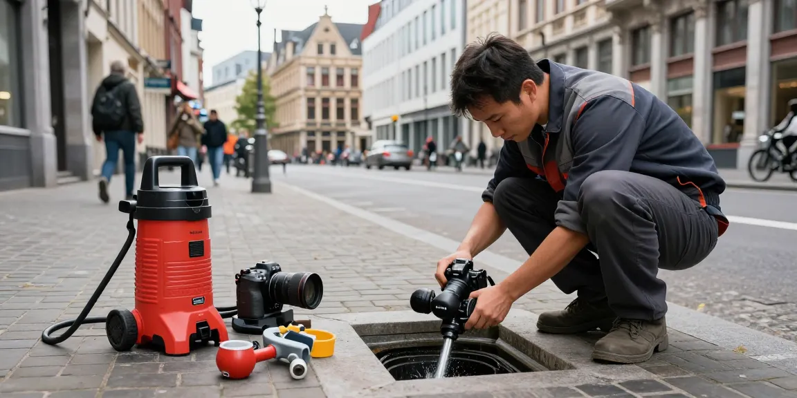Ontstopping Antwerpen met technische inspectie van een verstopte afvoer door professional in stadsomgeving.