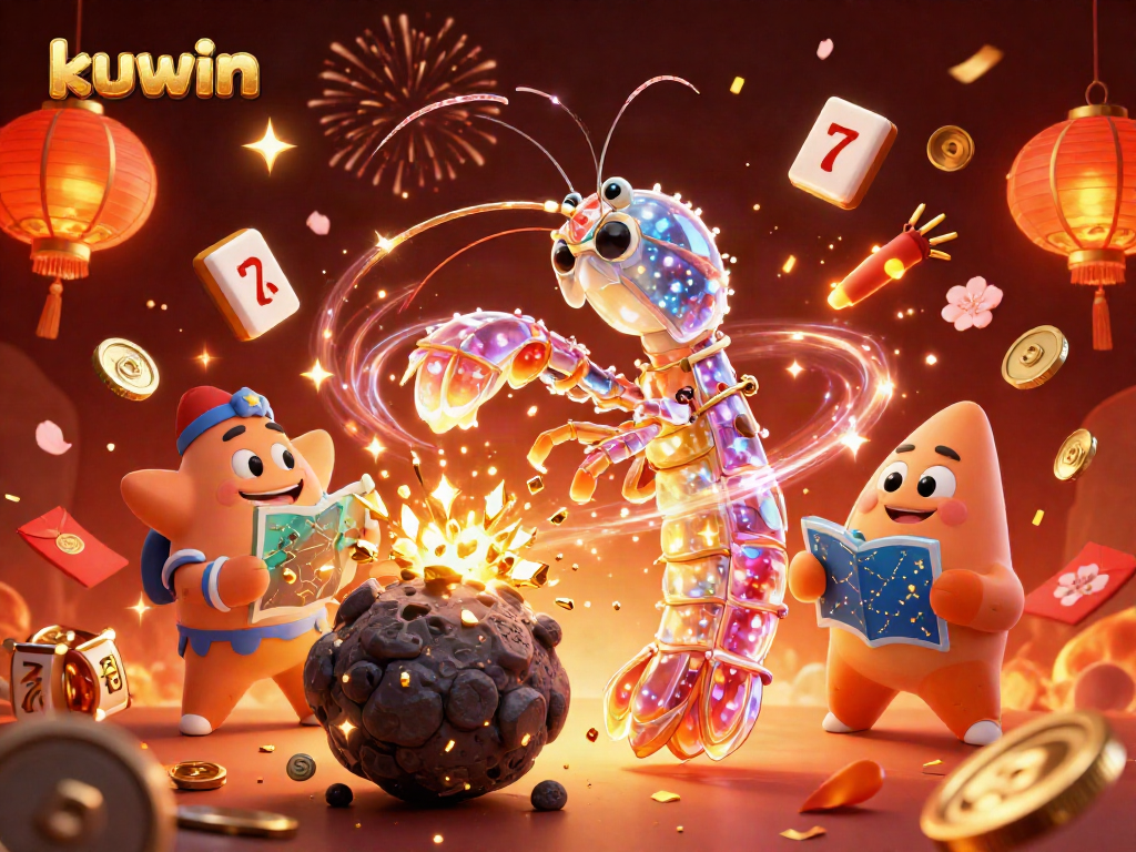 Kuwin samurai shrimp battles an asteroid, surrounded by vibrant casino elements and festive décor.