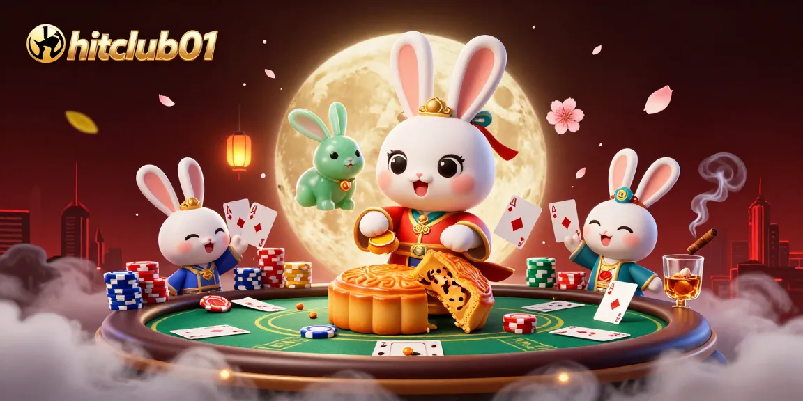 hitclub01 showcases a playful lunar scene with a rabbit revealing poker chips, emphasizing casino adventures.