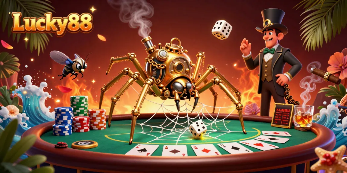 Engage with Lucky88 as a steampunk spider weaves a captivating web of poker games and chance.