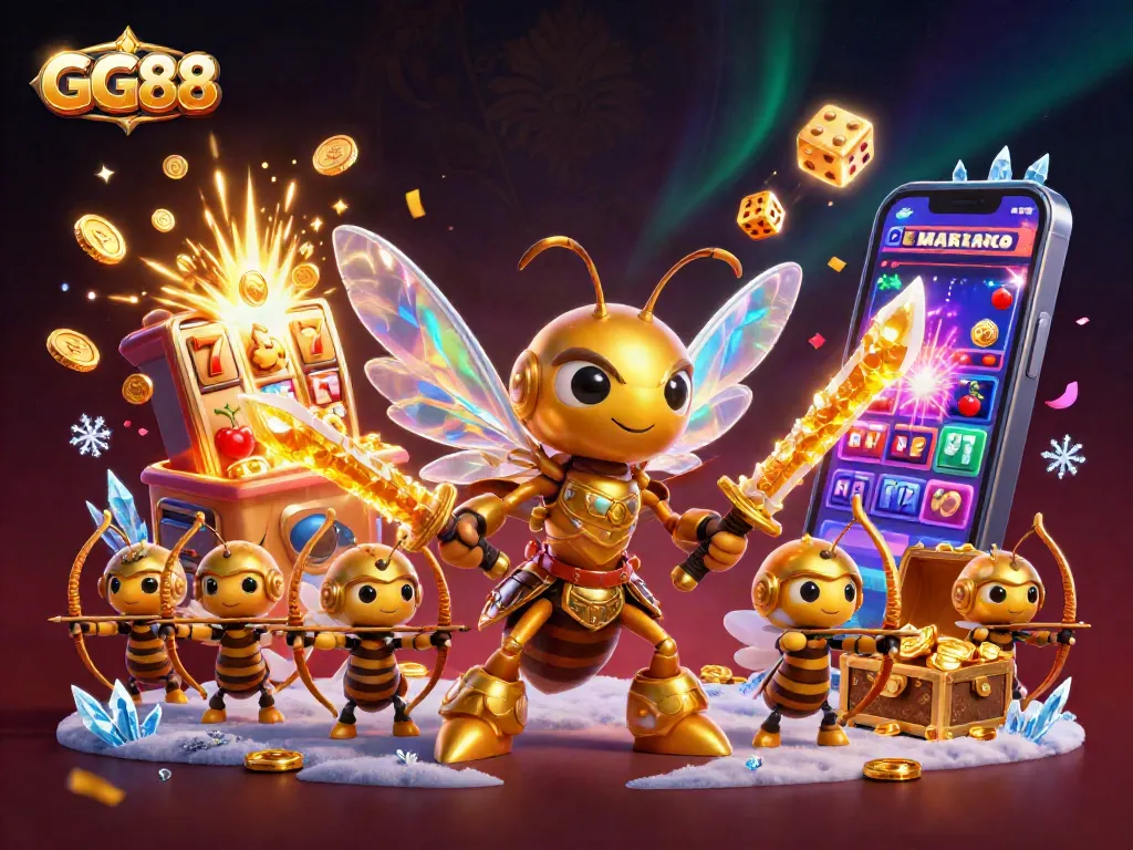 GG88 showcases a thrilling casino scene with dynamic slot machine action and golden hornet characters