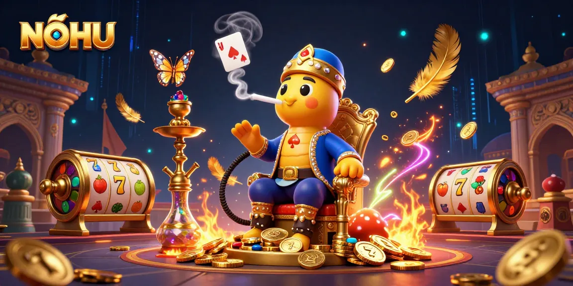 Engage with NOHU's vibrant gaming ambiance featuring a caterpillar hookah-master amidst dynamic slot symbols.
