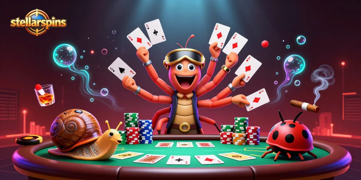 Engage in thrilling poker action at stellarspins with an animated millipede dealer and colorful poker chips.