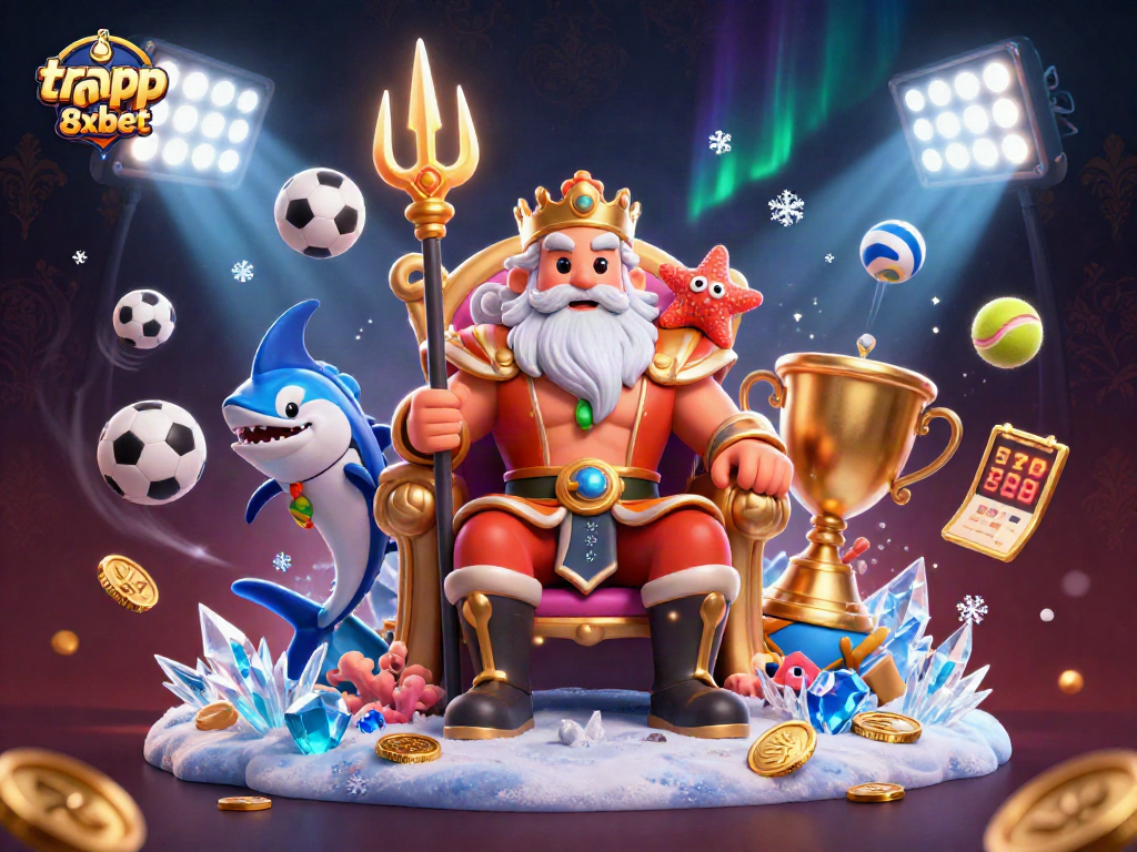 Engage with the trang app 8xbet through a vibrant 3D illustration showcasing Neptune, sports elements, and dynamic action.