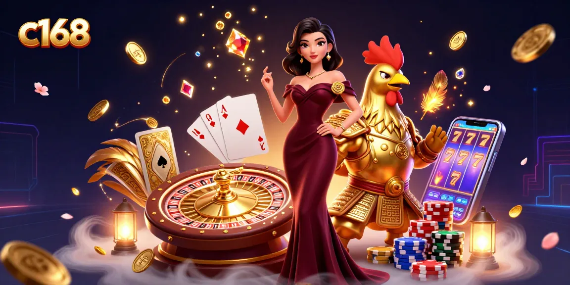 Engage with c168's thrilling online casino experience featuring golden coins and vibrant characters.