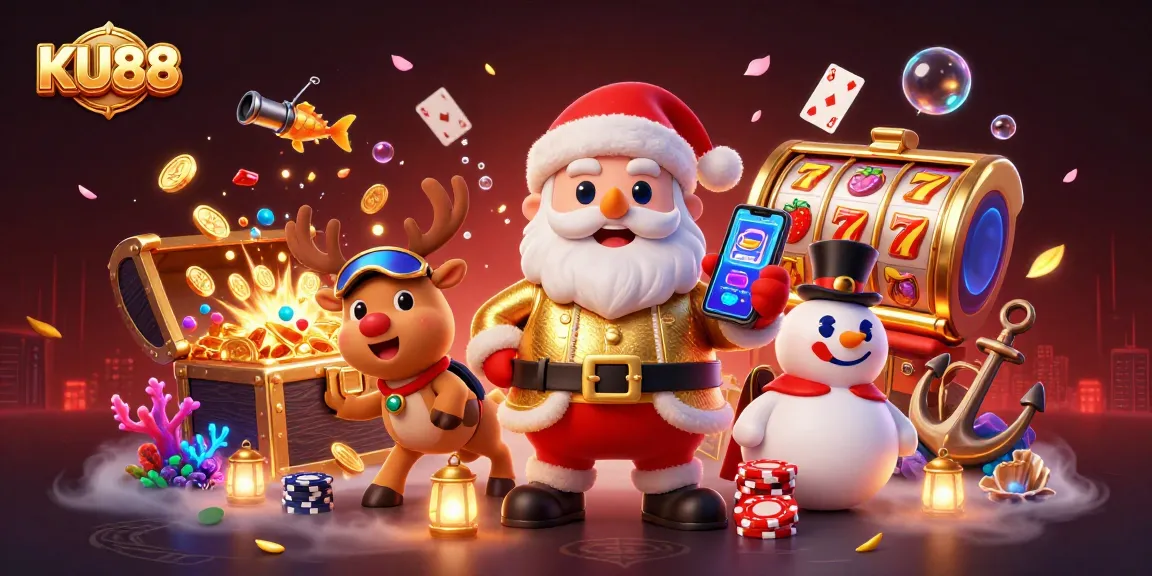 Experience the thrill of KU88 jackpots in this vibrant 3D casino scene with Santa, reindeer, and fun game elements.