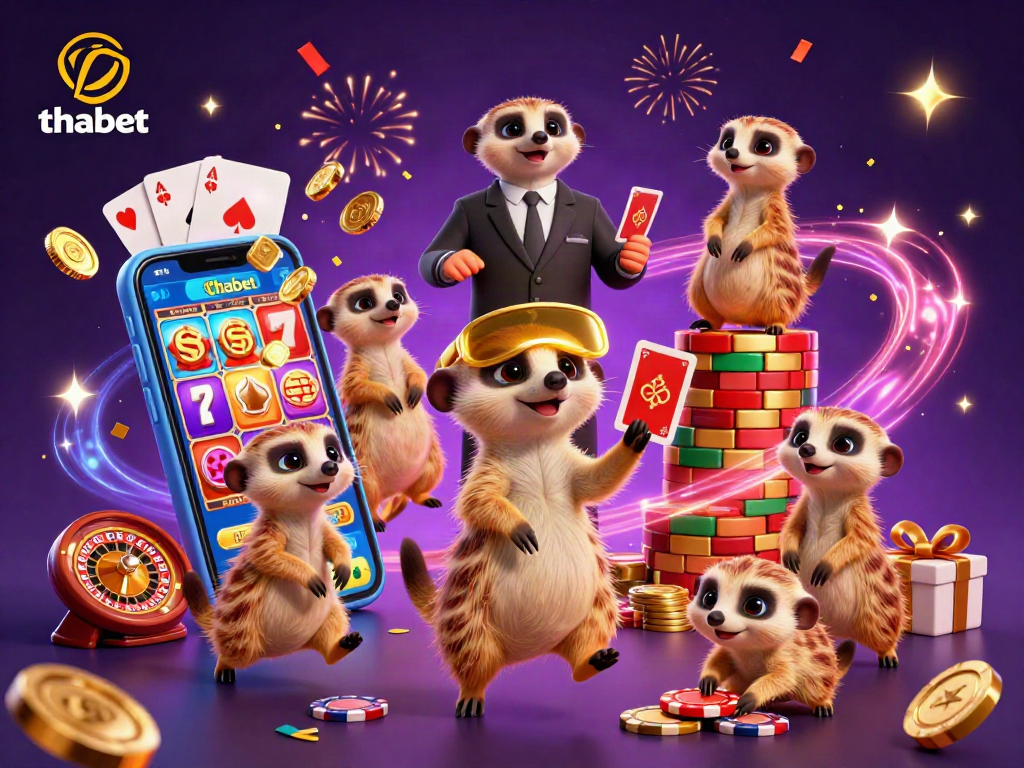 Experience the thrilling vibes of thabet with a dynamic meerkat casino scene showcasing lively gaming excitement.