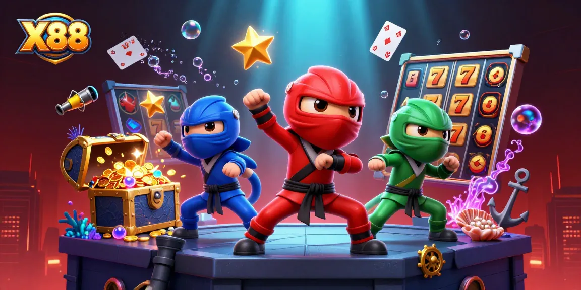 X88 jackpot scene showcasing ninja chameleons with golden coins and slot machine elements.