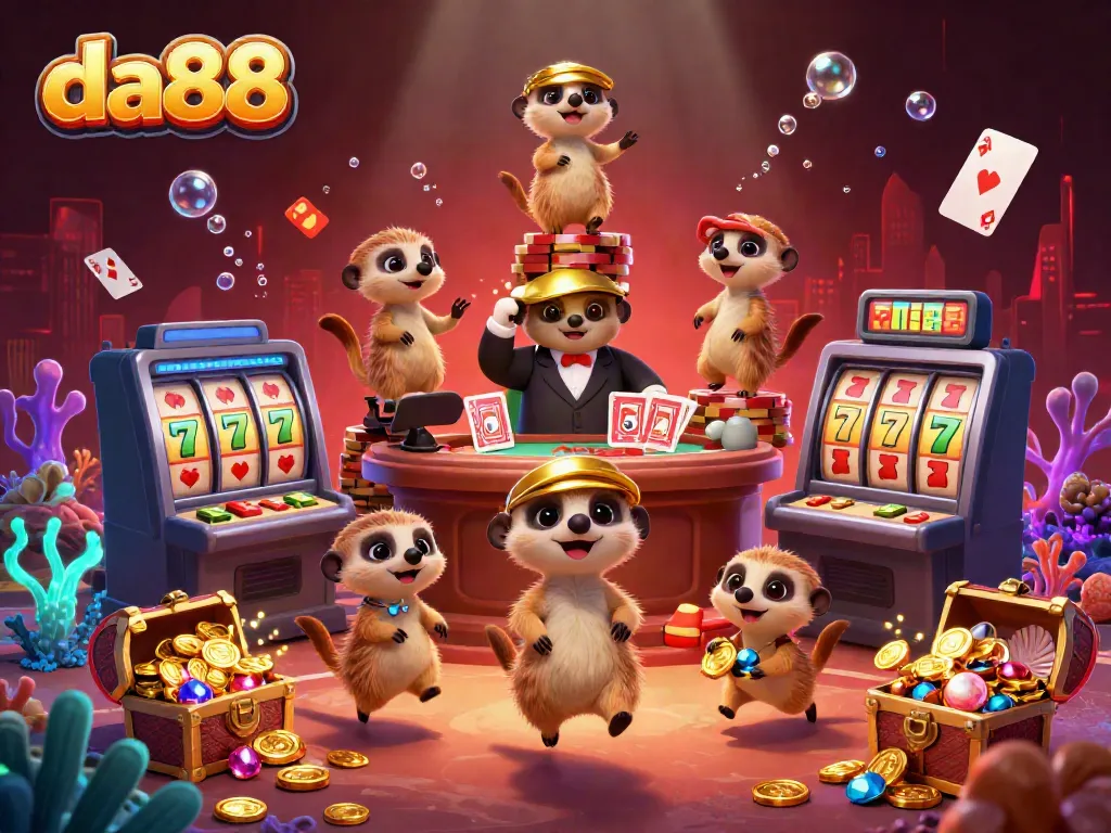 da88 meerkats engaging in a lively casino scene with gold coins and colorful gems.