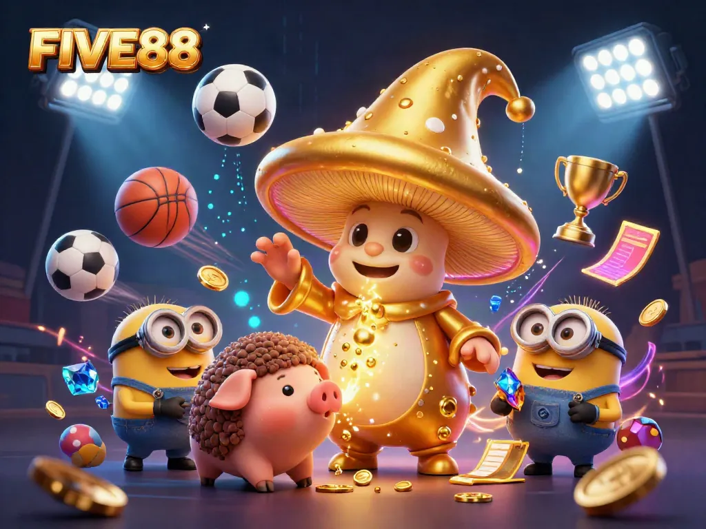 FIVE88's golden wizard and truffle pig cast a magical spell in a dynamic casino scene, showcasing thrilling sports action.
