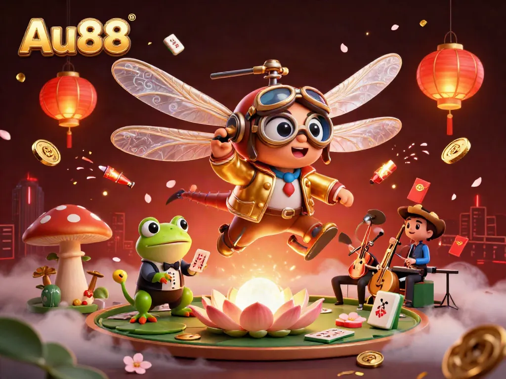 Experience the thrill of Au88 gaming with a vibrant casino scene featuring a dragonfly pilot and frog dealer.