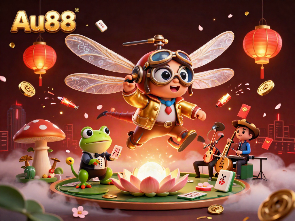 Experience the thrill of Au88 gaming with a vibrant casino scene featuring a dragonfly pilot and frog dealer.