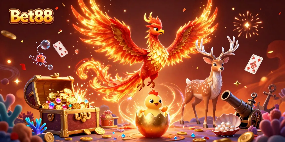 Join Bet88 for thrilling gaming as a phoenix rises from a golden egg amidst treasure and excitement.