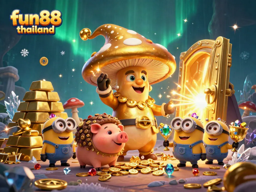 Experience fun88 thailand with a golden mushroom wizard and treasure, highlighting excitement in online gaming.