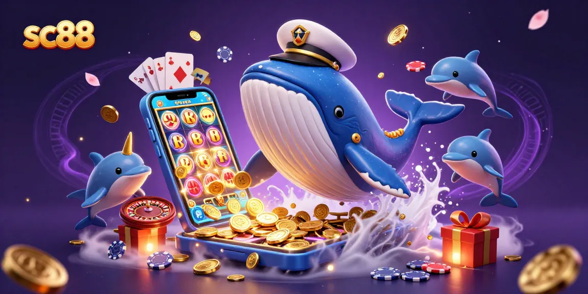 Experience sc88's vibrant action with a cartoon whale and playful dolphins in a rich casino scene.