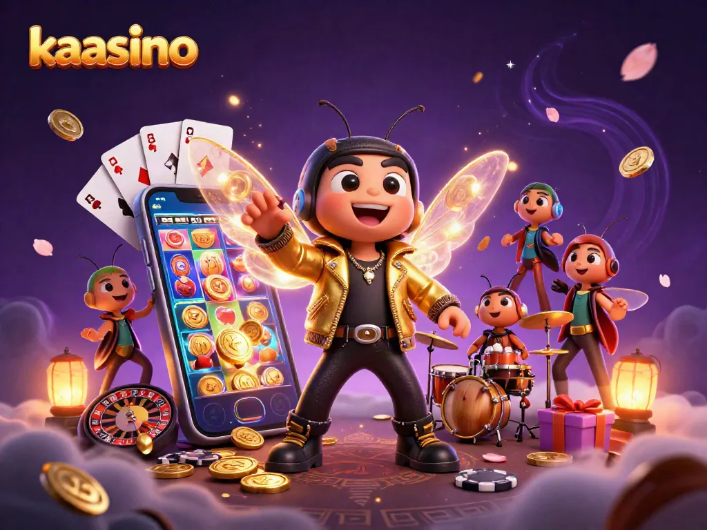 Kaasino's engaging atmosphere comes alive with a cicada rock star, crickets, and vibrant game elements.
